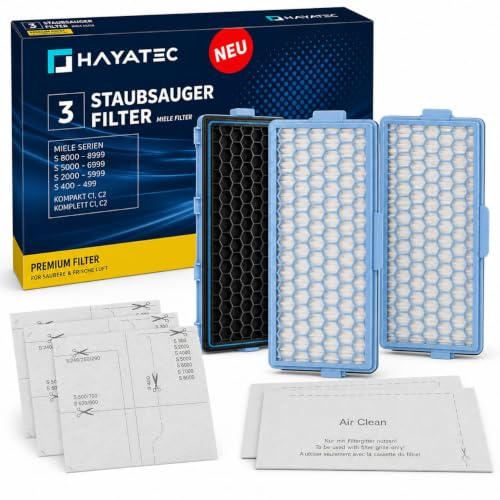 HAYATEC 3x HEPA Filter kompatibel mit Miele Staubsauger S8340, Compact C1 C2, Complete C2 C3, S4000 S5000 S6000 S8000 S8360 Ersatz Filter für Feinstaub & Gerüche, inkl. 3 Abluftfilter + 3 Motorfilter