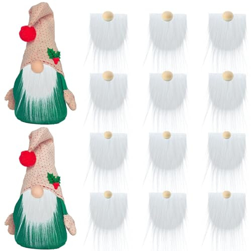 SALGIA 12 Pezzi Barba di Peluche Gnomo di Natale, Barba da Gnomo con 20 Perline, DIY Barba di GNOME Pretagliata per Artigianato, GNOME Bambola Accessori per Artigianato di Natale (Bianco)