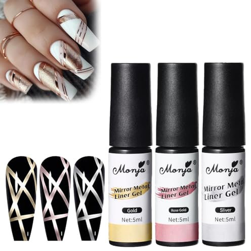 3 PCS Metallic Nagellack,Metal Nail Art Gel Liner Polish LED-Härtend,Langlebig und Hochpigmentiert,Metal Painted Gel Nail Polish Perfekt für Glänzende French Maniküre und Kreative Muster