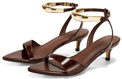 Coutgo Womens Low Kitten Heels Sandals Strappy Pointed Open Toe One Strap Metal Summer Dress Shoes,Coffee,size 8.5