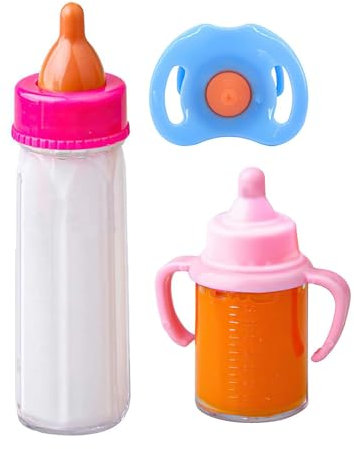 Puppe Stillflasche - 3 Stück sichere magische Puppen-Milchflaschen | Verschwindende Milch- und Saftflaschen, Puppen-Fütterungsspielzeug-Set mit Schnuller