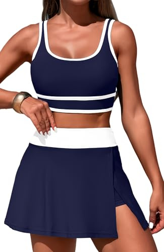 SEAUR Damen Bikini Set Sport Zweiteiliger Badeanzug Tank Bikini Top und Schwimmrock mit Shorts für Strand Volleyball Handball Fußball Segel Kajakfahren Schwimmen - S