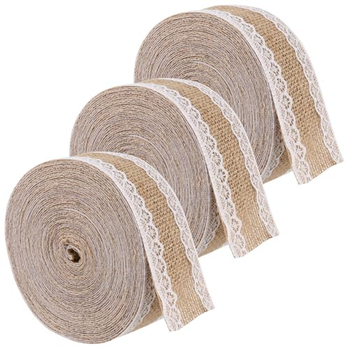 MUNGHOK 3 Rolle Juteband Spitzenband 5 cm x 10 m, Vintage Juteband mit Spitze, Jute Spitzenband Dekoband, Spitze Band Jutebänder zum Basteln für Geburtstag Party Hochzeit Weihnachten Tischdeko