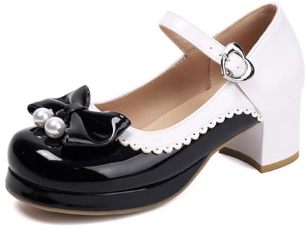 MISSUIT Damen Mary Jane Pumps Blockabsatz Lack mit Perlen Schleife und Schnalle(Schwarz,41)