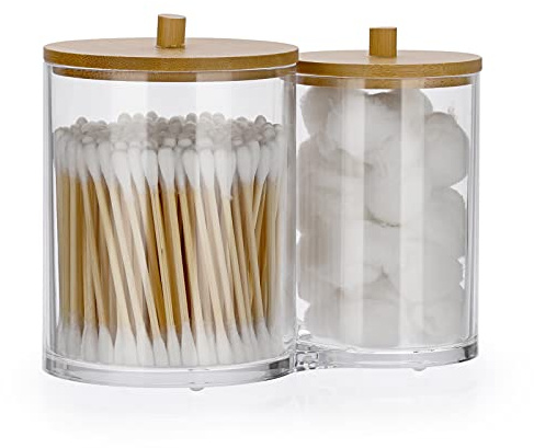 OGANAZI Wattestäbchen Box Acryl Wattepads Behälter Transparent rund Aufbewahrungsbox mit Bambusdeckel Klein Schminktisch Organizer für Tampon, Beauty-Ei, Tupfer, Haarbänder ( 2 in 1 Wattepadspender )