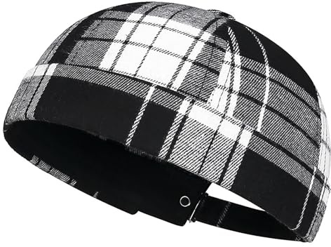 DIYDECAL Striped Plaid Brimless Worker Cap,Retro Skullcap Docker Hat for Men Womens