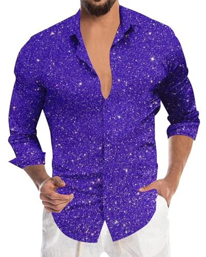 YOSUWOAI Camicia da uomo con glitter anni '70, camicia a maniche lunghe, stampa 3D, con stampa glitterata, per discoteca, per feste, per il tempo libero, traspirante, per l'estate