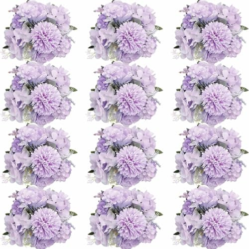 OJMHD 12 Bündel künstliche Pfingstrosen Blumen, Lila Seide Rosen Bouquet für Tischdeko, Fake Seidenblumen für Hochzeit Party Tischaufsätze Blumenarrangement Heim Küche Deko