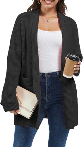 crazy bean Cardigan Donna Invernale Lungo Maglione con Tasche Lunga Lavorare in Maglia Aperto Giacca Elegante Nero M