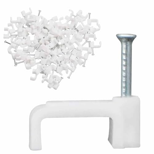 Flat Cable Clips White 200 Pcs, Pcsfor Wire Ethernet Cable, Telephone Cable, TV Wire with Steel Nails 10mm Cord Holder, Wall Wire Tidy Holder Clip Management Cable Pins, Tacks Tidy