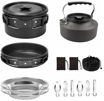 Funien Juego de Utensilios de Cocina para Acampar Pan Hervidero Liviano Antiadherente con Placas Acero Inoxidable y Utensilios para Cocinar Al Aire Camping Picnic Picnic Mochila (Negro)