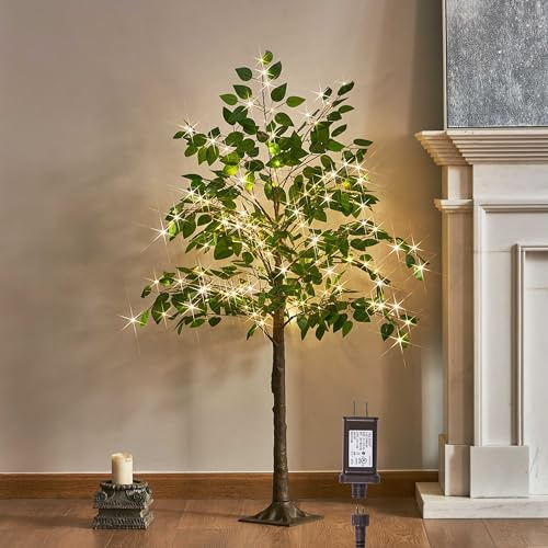 Hairui Künstlicher Ficus-Seidenbaum mit Beleuchtung 1,2m 140 LED Lichterkette, Kunstpflanze mit Licht für Zuhause Raum Frühling Sommer Deko Innenbereich