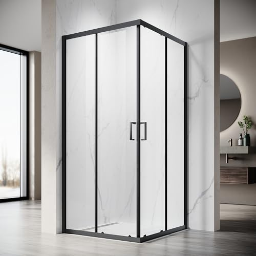 SONNI Eckeinstieg Duschkabine 80x80x195 cm, Schiebetür, 5mm ESG, Schwarz | 5mm ESG Sicherheitsglas mit leichtlaufender Schiebetür und platzsparendem Eckdesign für komfortable Nutzung,einfache Montage.