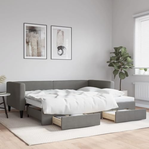 Massbinet Tagesbett Ausziehbar mit Schubladen Schlafsofa 2-Sitzer klein Sofas mit Schlaffunktion Klappsofa Sofa Bed Für Wohnzimmer & Schlafzimmer Dunkelgrau 90x200 cm Stoff