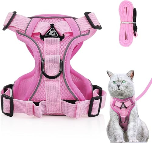 Verstellbares Katzengeschirr Ausbruchsicher, Katzengeschirr mit Leine Set, Softgeschirr für Katze Brustgeschirr für Katzen Kitten Hunde Welpen (Light pink, L)