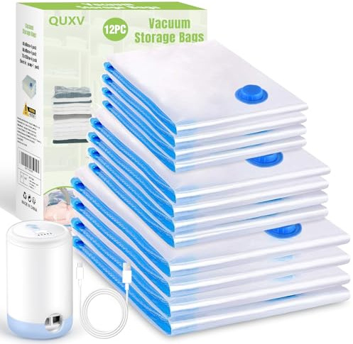 Vakuumbeutel für Kleidung Reise mit Pumpe, 12PCS Vacuum Bags for Clothes (4 * 60x40cm, 4 * 80x60cm, 4 * 100x80cm) Vakuumbeutel mit Kabelloser Vakuumpumpe, Reusable Vacuum Storage Bags for Household