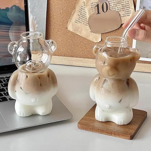 Generico 2pcs Cute Bear Glass Cups With Straws, Bear Glass Tumblers, Iced Coffee Cups, Christmas Birthday Gift For Women Friends
