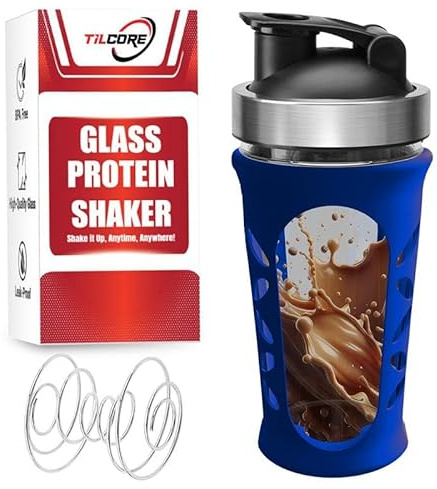 Tilcore Bouteille Shaker en Verre pour Mélanges de Protéines et Shakes – 635 ml (20 oz), sans BPA, Etanche et Durable – Shaker Proteine en Verre pour la Salle de Sport, Mixeur de Résistant