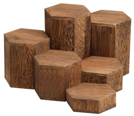 MotiveTech 6 Pièces Présentoir Hexagone Étagère en Bois, Socles de Présentation, Support Gâteaux Confiseries, Présentoirs Multiusage pour Événements Magasins Restaurants, Couleur de Charbon de Bois