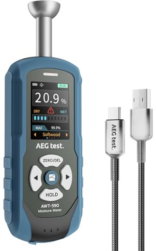 AEGTEST AWT-590 Medidor de Humedad recargable sin pines para madera, yeso y mampostería, medidor de humedad paredes con alarma ajustable, registro de datos y sensor hemisférico no invasivo