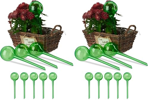 Relaxdays Bewässerungskugeln, 9er Set, HxD: 28 x 8 cm, Durstkugeln für Pflanzen, je 250 ml, Kunststoff, Gießkugel, grün (Packung mit 2)