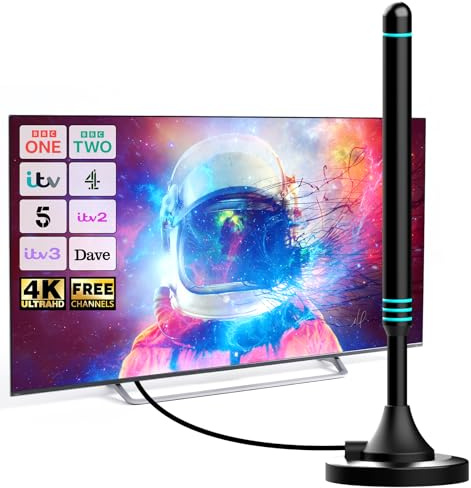 Indoor TV Aerial with Magnetic Base, TV Aerial for Smart TV, Digital TV Aerial Indoor Compatible with All Televisions, 360° Reception, Supports 4K 1080P HD, 5m Coaxial Cable