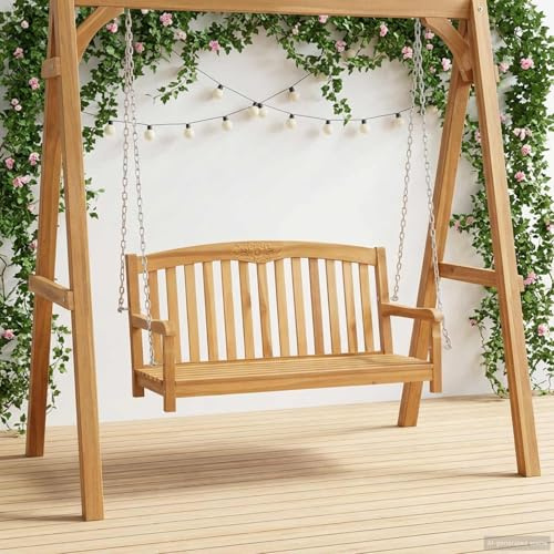 YunCangg Gungbänk natur av massivt teak 114 x 61 x 61,5 cm med galvaniserad kedja, väderbeständig för trädgård, terrass, balkongbänk, bekväm sittplats med ryggstöd och armstöd