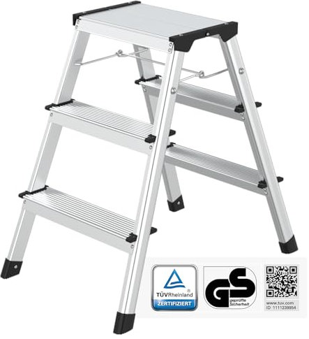 flexilife Trittleiter - Tritt Leiter Aluminium - Trittleiter 3 Stufen klappbar - Klappleiter bis 150 kg belastbar - Haushaltsleiter, Aluleiter (2 x 3 Stufen)