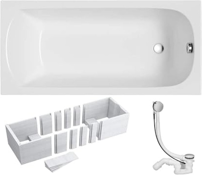 VBChome Badewanne 130x70 cm Acryl SET 3in1 Wannenträger Siphon Wanne Rechteck Weiß Design Classic Styroporträger Ablaufgarnitur in Chrom 1 Personen (130x70)