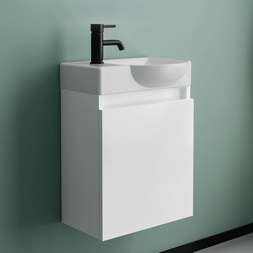 Alpenberger Waschtisch mit Unterschrank hängend 45 cm Gäste WC Weiß | Waschbecken mit Unterschrank klein & wandhängend: Keramik, MDF, Soft-Close Tür, Überlauf – für Gäste WC & schmale Bäder