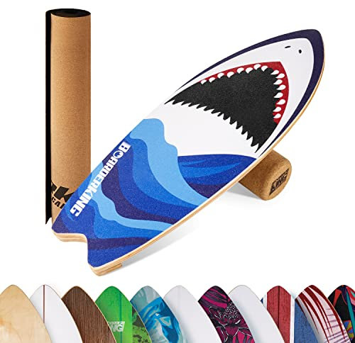 BoarderKING Balance Board, Surf Board Balance Adults, Kids and Toddlers, Wooden Trickboard Cork Board Roll Mat Set, Balance Trainer Plate Training Equipment, Wobble Fit Turnboard for Dancers and Yoga