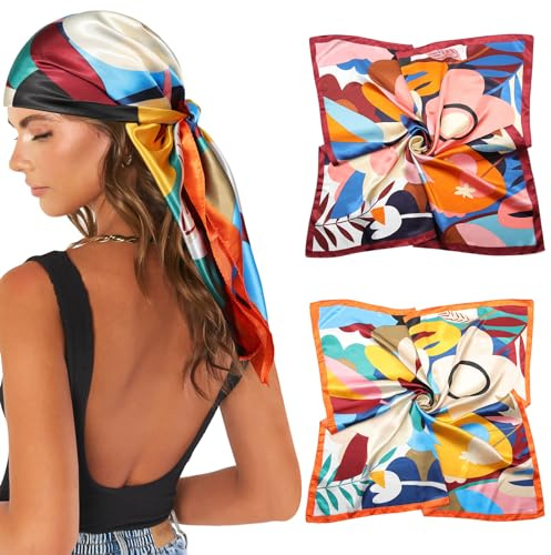 AWAYTR 35” Large Satin Square Head Scarf - 2Pcs Silk Like Floral Head Scarves Square Satin Hair Scarf Bandanas for Women (Flower(Red/Yellow))