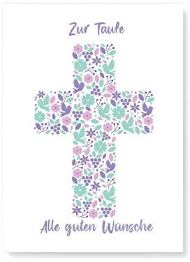 Friendly Fox Karte zur Taufe Kreuz, 1x Taufkarte mit Umschlag, zur Taufe Mädchen Blumen Kreuz, DIN A6 Klappkarte