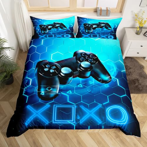 Homemissing Gaming Housse de Couette Kids Gamer Bleu Jeu Vidéo Parure de Lit 140x200cm Console de Jeux Honeycomb Parure Décor de Chambre Hexagone Géométrique avec 1 Taie d'oreiller