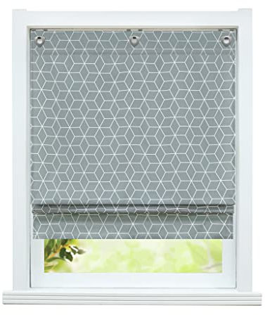 ESLIR Raffrollo ohne Bohren Raffgardine mit Ösen Blickdicht Gardinen mit U-Haken Ösenrollo Rauten Muster Grau BxH 80x140cm 1 Stück