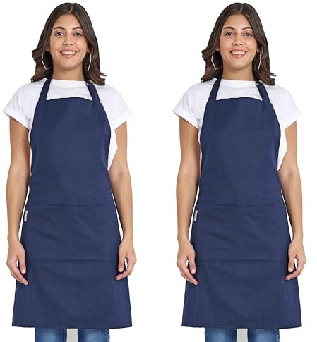 Mellow Buff Chef Aprons, Recycled Cotton Kitchen Apron with an Adjustable Neck with Long Ties, for cooking, baking (Navy blue 2 Pack)