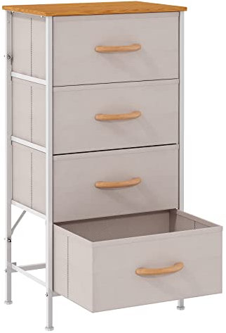 KU Syang Dresser with 4 Drawers - Fabric Chest of Drawers with Large Storage Space, Modern Tall Tower Unit Storage Organiser for Living Room/Bedroom, Wooden Top and Metal Frame (Light Khaki)