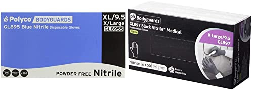 BM POLYCO GL8955 Bodyguards Powder Free Nitrile Disposable Glove, Blue, Extra Large, Pack of 100 & Bodyguard GL8975 Nitrile Disposable Gloves, Powder Free, Size XL, Black, 100 Pieces