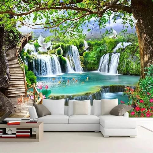 Custom Size Wall Murals，Green Big Tree Waterfall，Removable Peel and Stick Self-Adhesive Wall Murals Large Photo Wallpaper