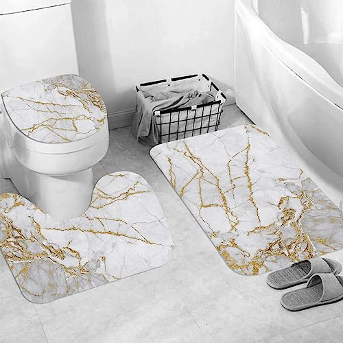 EKSED Ensemble Tapis de Bain, Carpettes de Toilette 3 Pièces,Marbre d'or Blanc,Tapis WC Antidérapant Doux Absorbant pour la Salle de Bain/WC