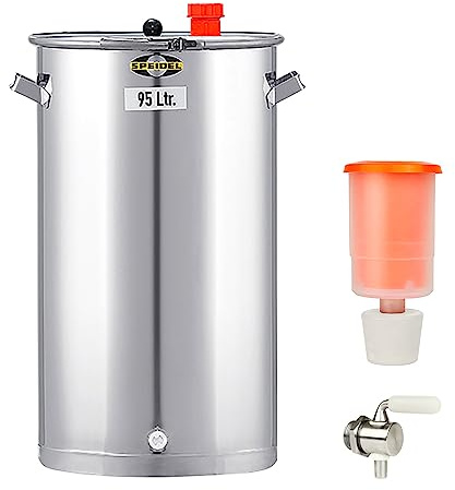 Speidel Gärbehälter Edelstahl 440 mm D, 95 Liter inklusive V2A Ablasshahn und Gärspund, Universalfass V2A Edelstahl für Lagerung, Transport und Vergären von Most, Wein, Saft, Gärfass Edelstahl 95L