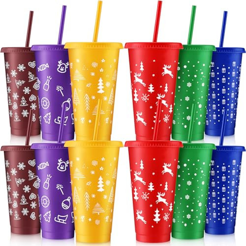 Sliner 12 Pcs Christmas Plastic Cups with Lids and Straws Bulk, 24 oz 6 Color Thick Plastic Tumbler with Lids and Straws Xmas Reusable Water Bottle Cute Cold Cups for Iced Coffee, Xmas Parties