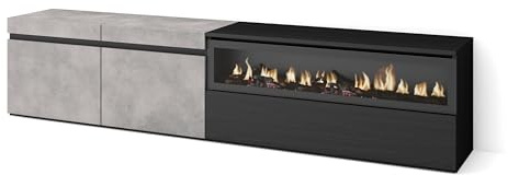 Skraut Home | Mueble TV | Televisión | Muebles de salón, almacenaje | 200x45x35cm | para TV hasta 80 | Chimenea eléctrica | Estilo Moderno | Cemento
