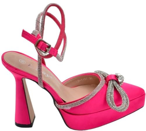 Scarpe Decollete Donna Gioiello Fucsia Argento in Raso con Plateau 3 cm e Tacco Alto 15 cm Cinturino alla Caviglia Moda (39 EU)