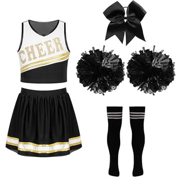 TiaoBug Mädchen Tanz Kostüm Set Schule Cheerleading Uniform Top und Rock Mini Faltenrock und Kniestrümpfe Sport Socke Gymnastik Fasching Karneval Outfits Schwarz-Weiß K 134-140