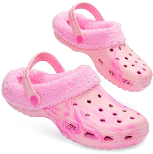 CityComfort Clogs Women Teens Winter Classic Fleece Lined House Shoes - Warm Garden Shoes Slip On with Strap (Tie Dye Pink, 7 UK)
