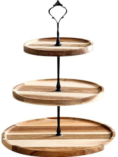 3-stöckiger Kuchenständer, Vintage-dessertständer Aus Holz, Gestufte Runde Kuchenplatte Aus Akazienholz, Stabiler Nachmittagsteeständer Zur Präsentation Von Kuchensandwich
