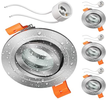 ledscom.de 4 Stück Bad-Deckeneinbaurahmen ERID, Feuchtraum, Badezimmer, IP44, rund, schwenkbar, aluminium matt, inkl. GU10 Fassung