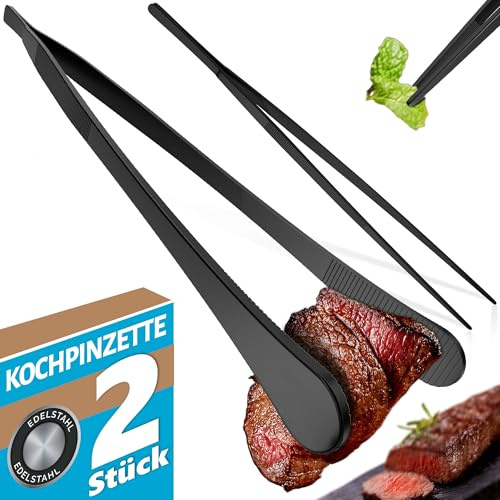 Menz kokpincettset – 2 stycken svarta kökspincetter rostfritt stål, pincett kök 30 cm, rund grillpincett för matlagning och stekning + spets kökspincett för dekoration