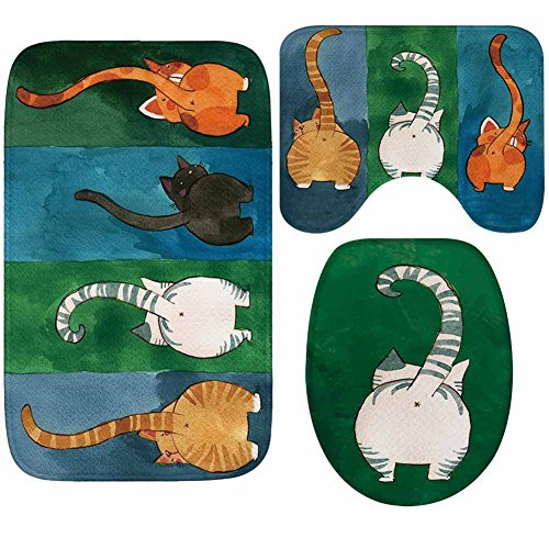 Bad Teppiche Set 3-Teiliges Grüne Orange Katze WC Vorleger Mit Ausschnitt Badematte Saugfähig WC Deckelbezug Badvorleger rutschfest Waschbar Toilettensitzbezug Badgarnitur (45x75cm)